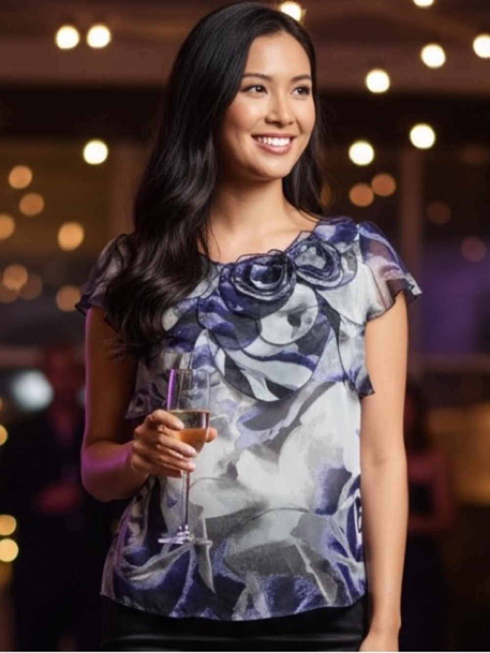 Worthington Purple and Gray Floral Ruffle Blouse